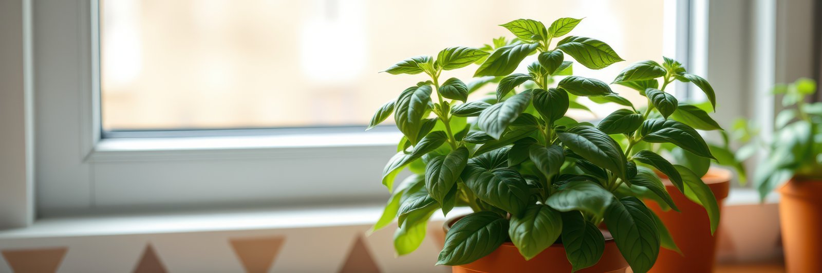Green basil plants growing in terracotta pots by a sunny window in a cozy kitchen space